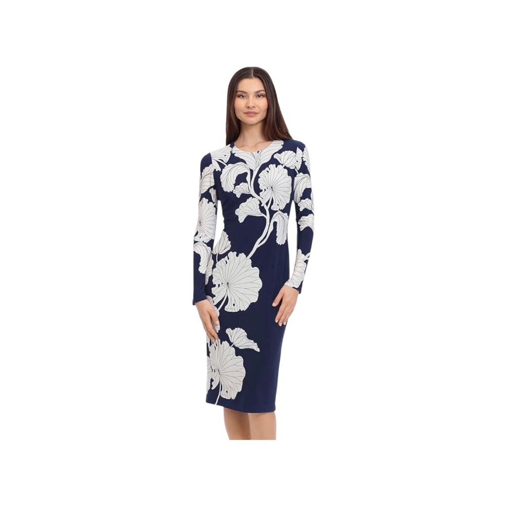 MAGGY LONDON  Navy Blue Stylish Bold Large White Floral Print Midi Dress 2